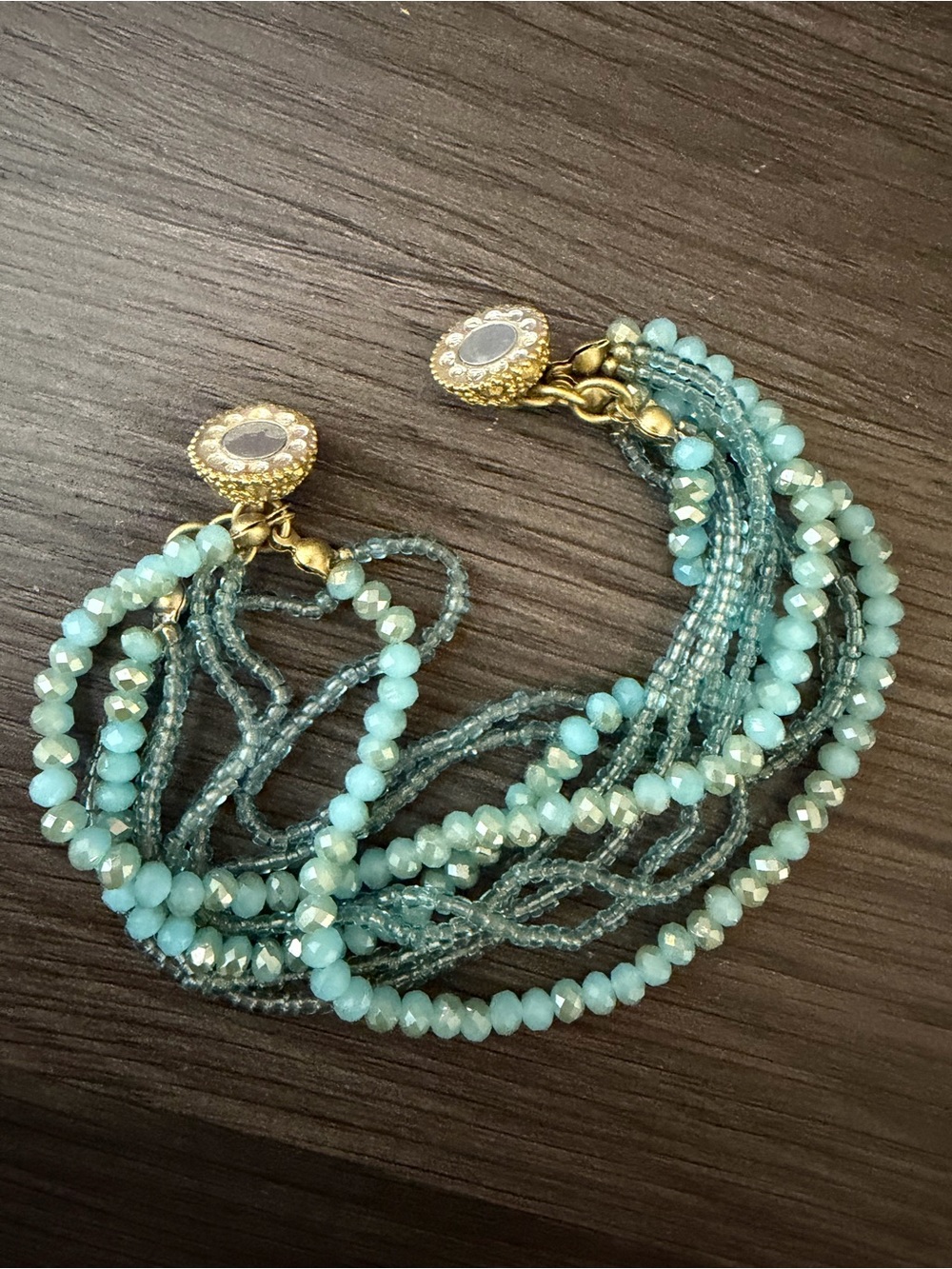 Multi-Strand Aqua Beaded Bracelet with Gold-Tone Clasp - Picture 6 of 7